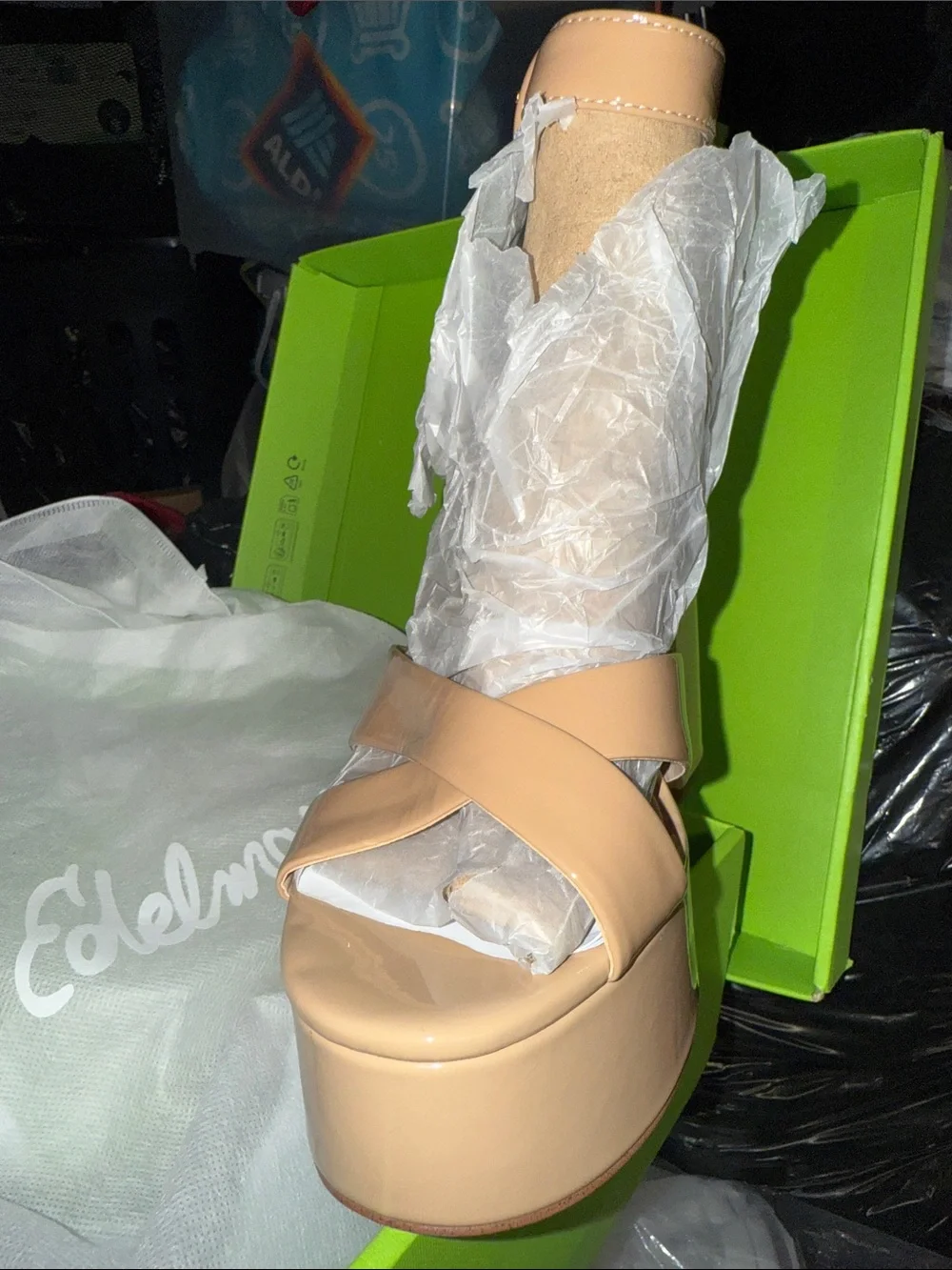 Delman Beige Patent Platform Block Heel Sandal with Ankle Strap